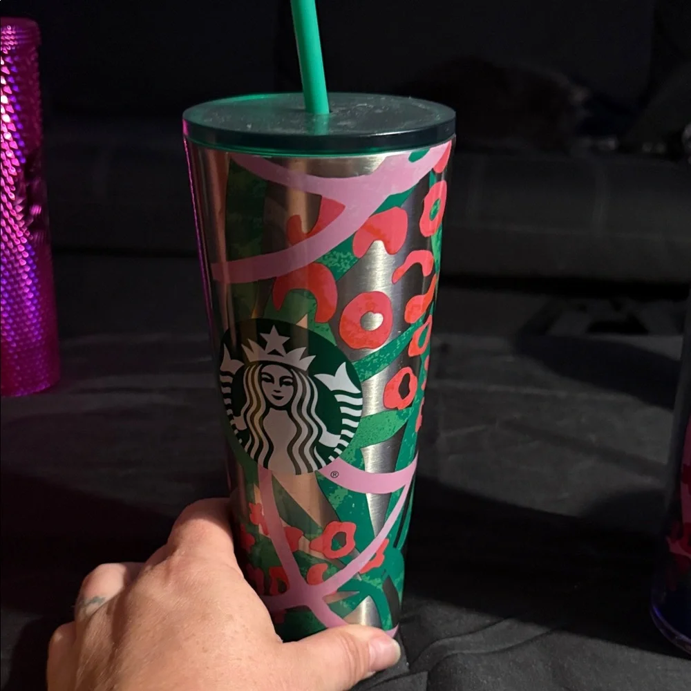 Starbucks Multicolor Floral Pattern Tumbler Set with Green and Red Accents